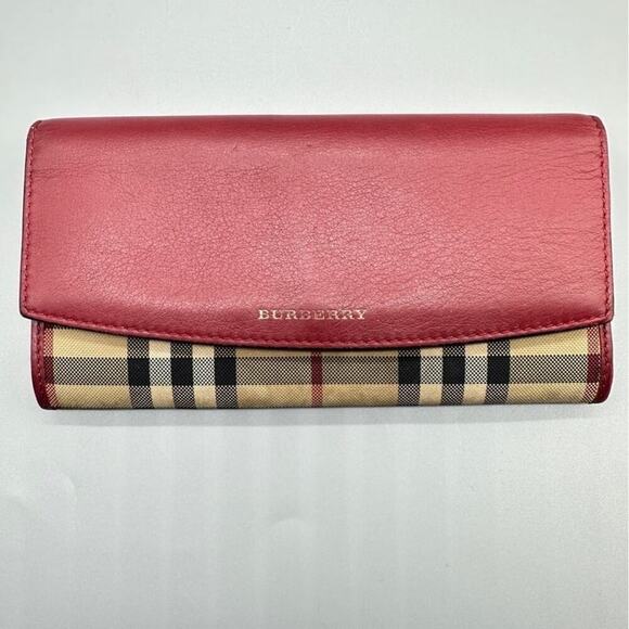 $150/ BURBERRY Continental Haymarket Check Leather Wallet Dark Red - Picture 1 of 4